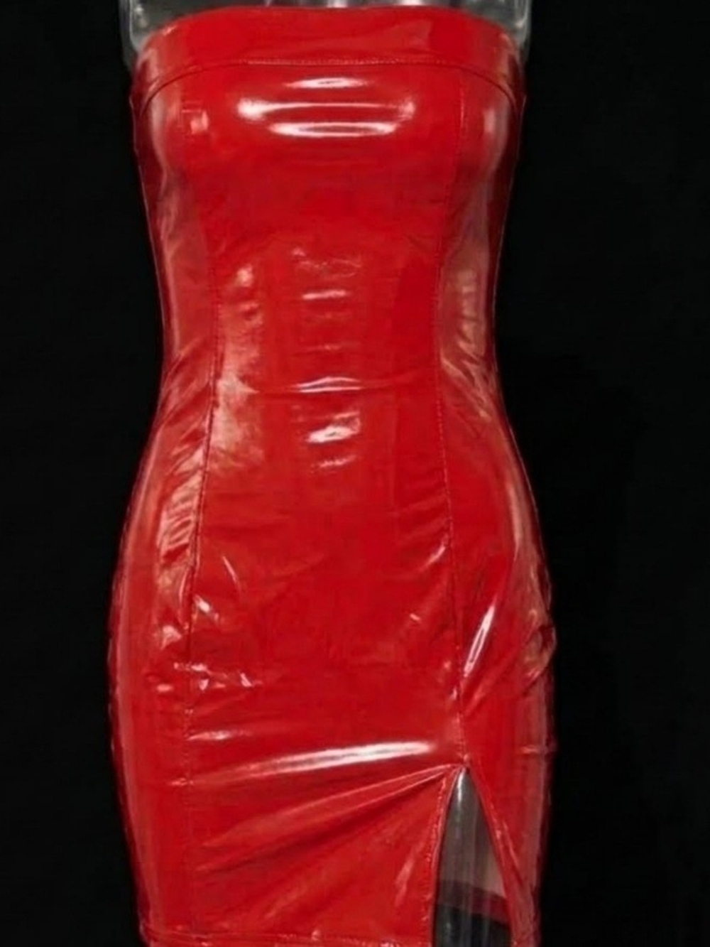 Strapless Vinyl Red Patent Mini Dress with Front Leg Slit NEW